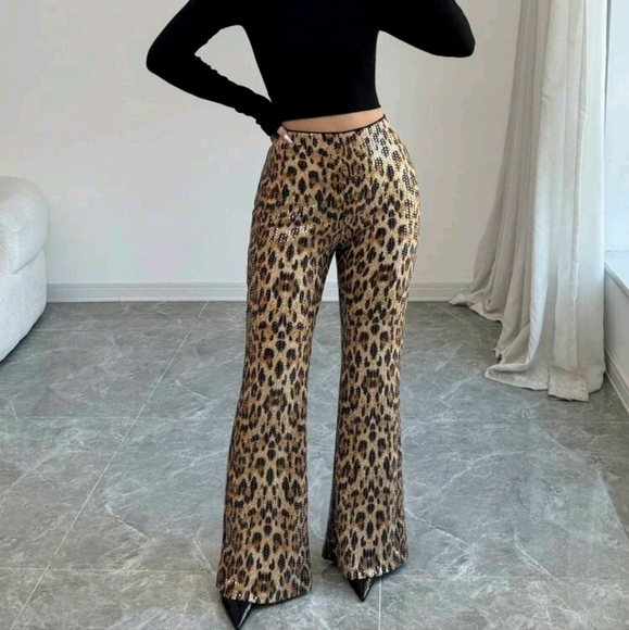 Fashionable Leopard Print High Waist Sequin Flared Pants For Autumn - Picture 1 of 5